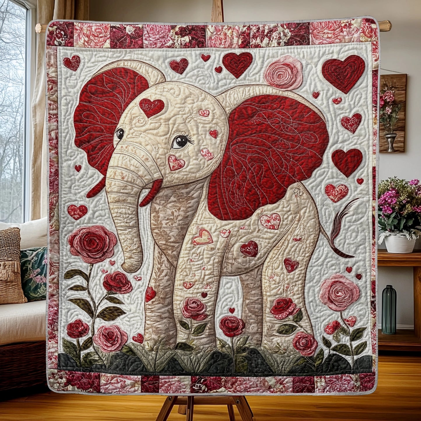 Shineful Flat Print Faux Quilt Blanket - Blissful Elephant of Love and Roses Quilt Artwork