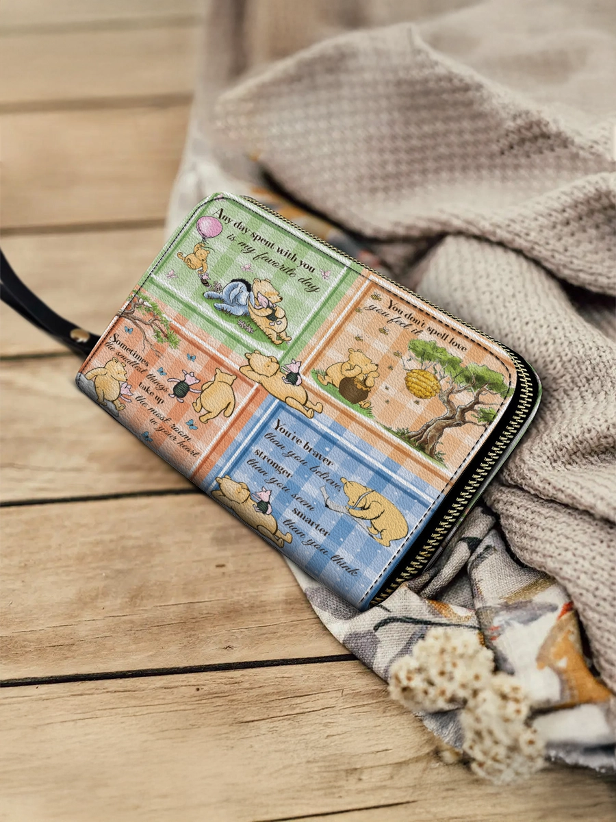 Shineful Leather Clutch Purse With Wristlet Strap Handle Winnie the Pooh Patchwork Bliss