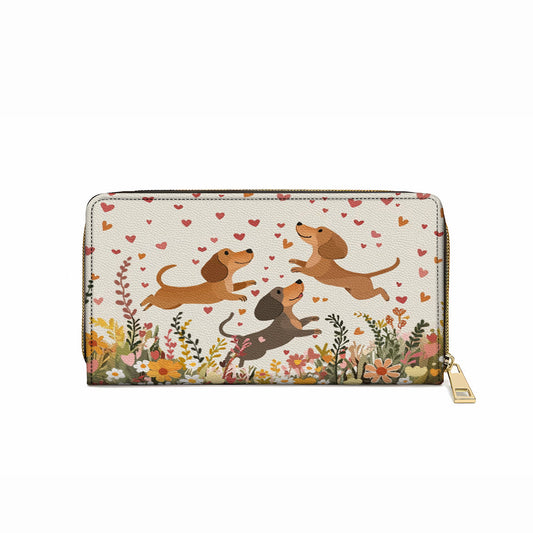 Glänzende Leder-Clutch-Geldbörse mit Armband und Trageriemen, Blumen-Dackel mit Herz