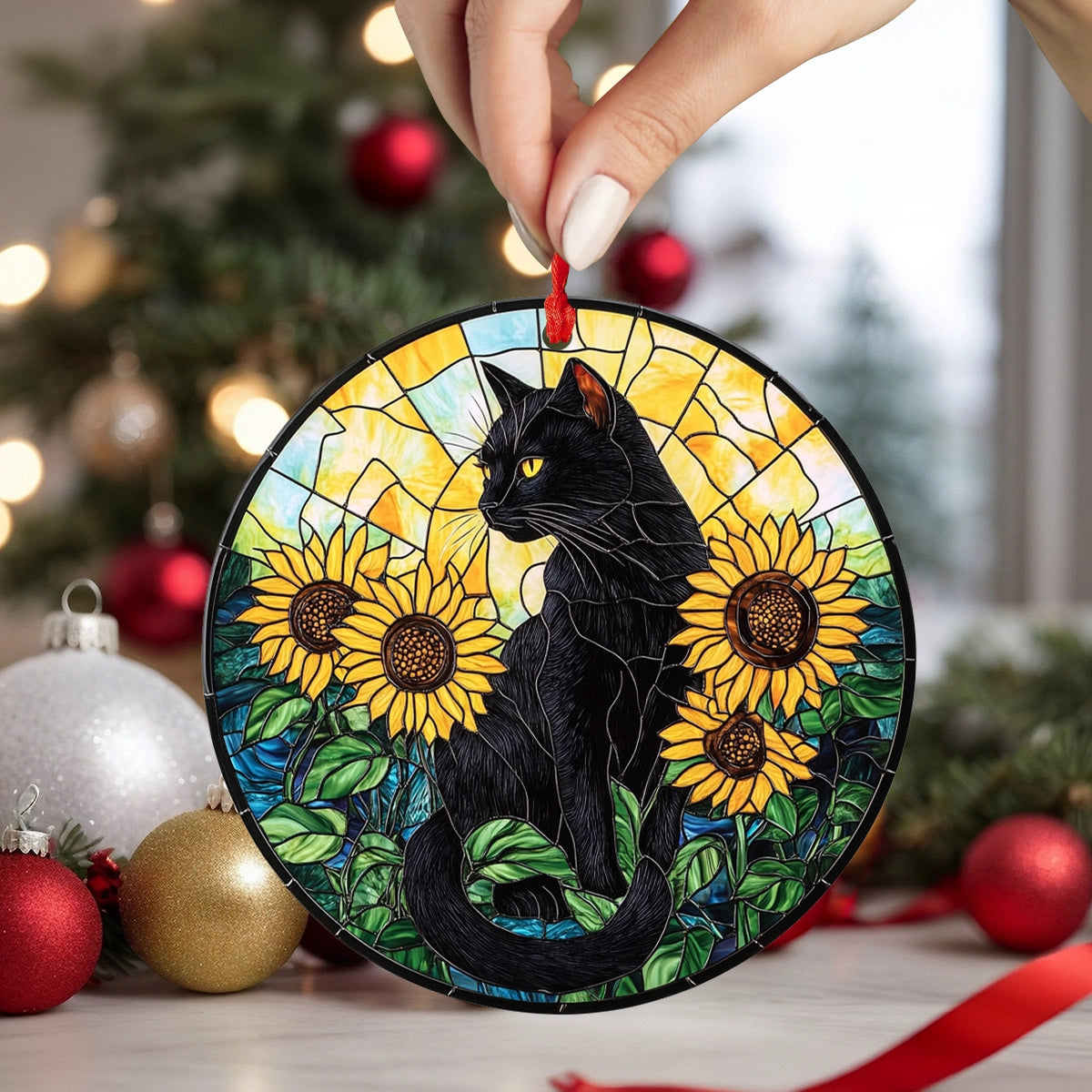 Shineful 2D Acrylic Ornament Stained Glass Sunflower & Midnight Cat