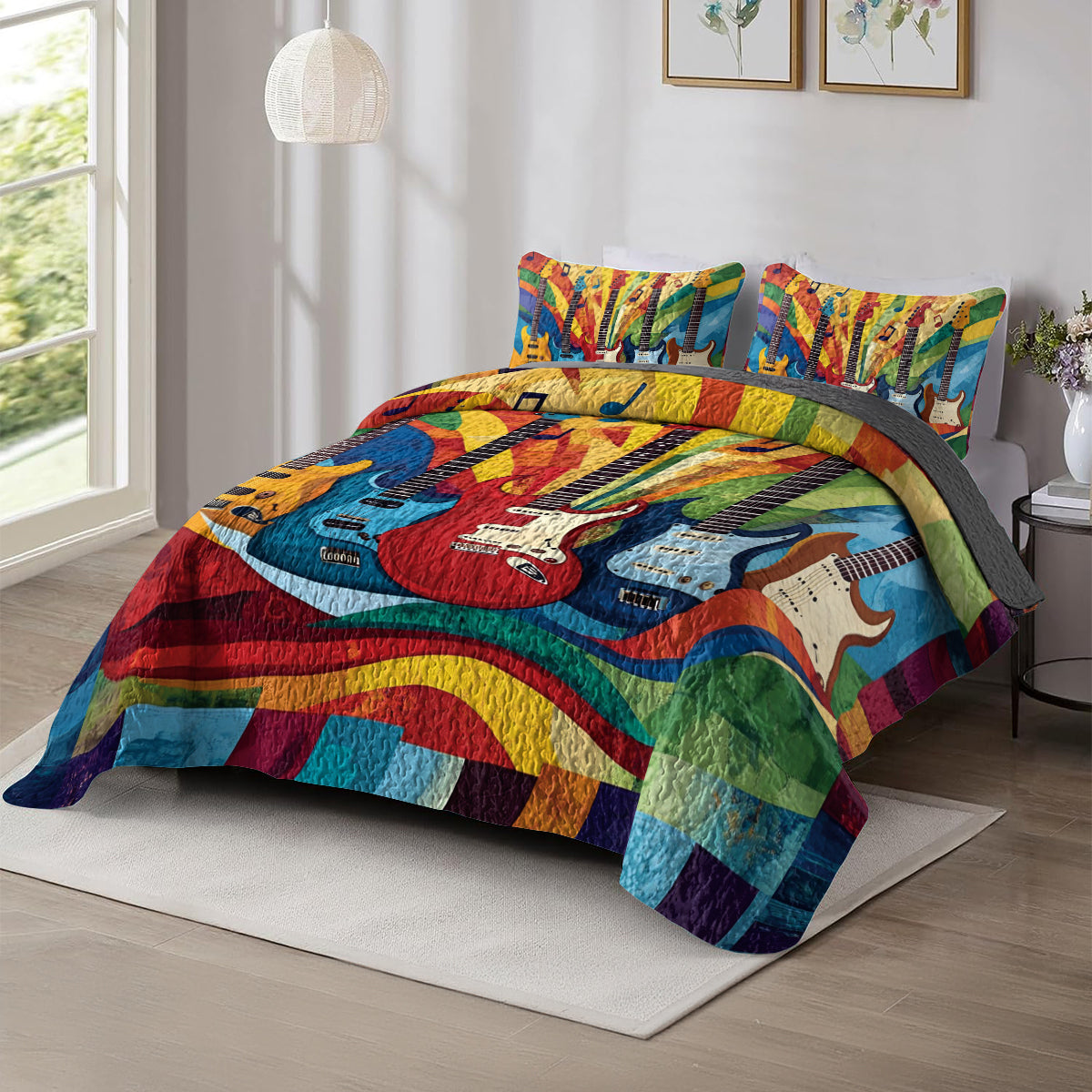 Shineful All Season Quilt 3-Piece Set Colorful Guitars