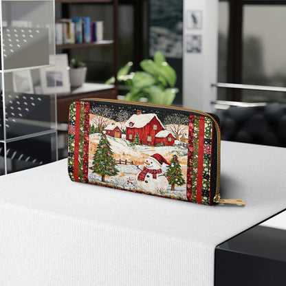 Glänzende Clutch aus Leder mit Trageriemen und Schneemann-Weihnachtstraum