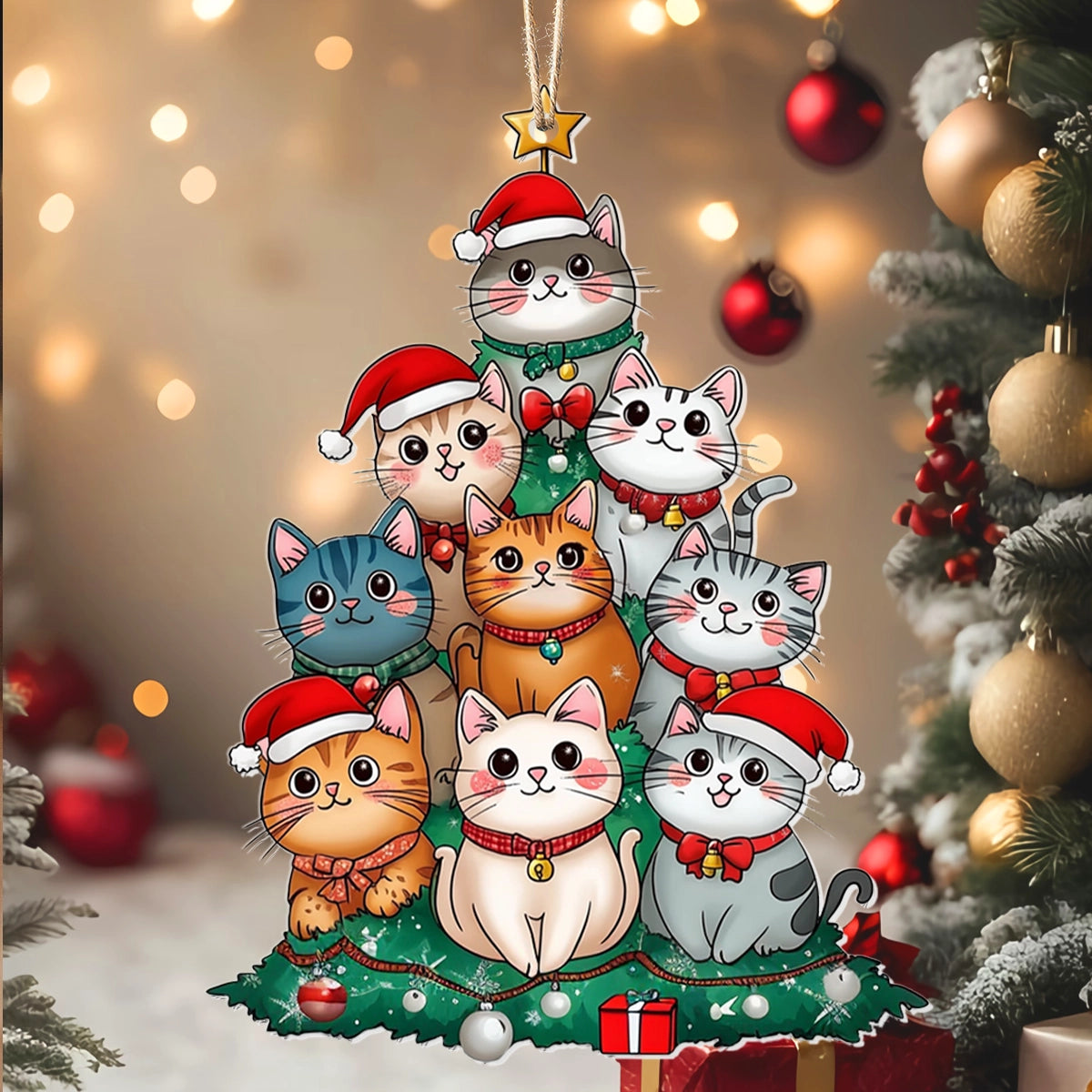 Ornement en acrylique 2D brillant - Chats de Noël parfaitement empilés 