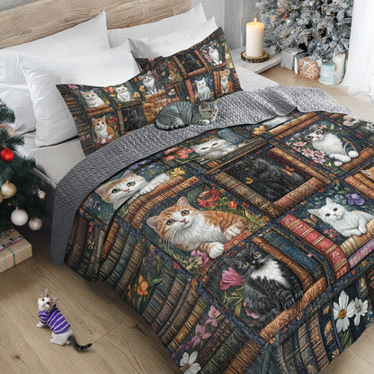 Shineful All Season Quilt 3-Piece Set - Library Cat Dreams