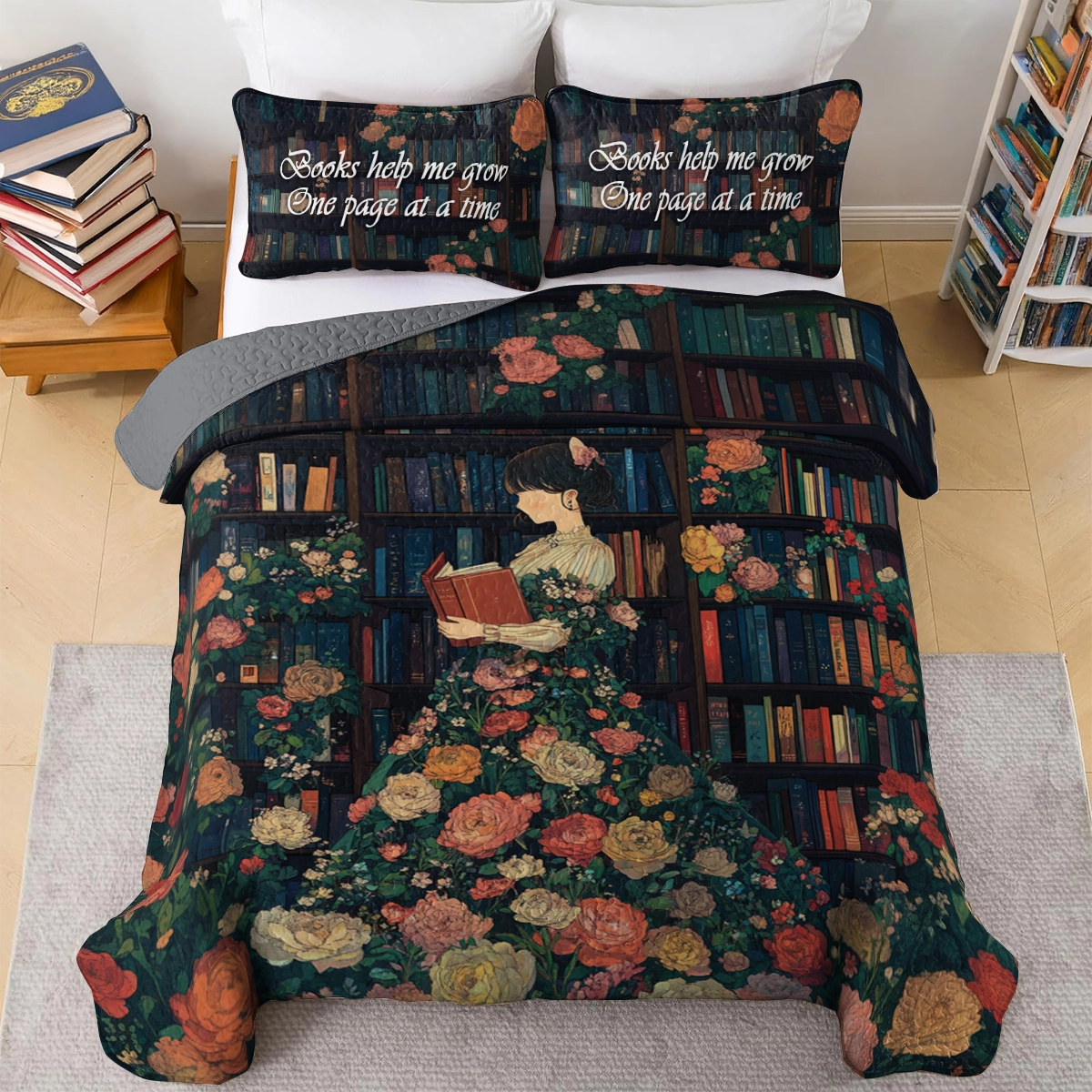 Shineful All Season Quilt 3-Piece Set Reading Literary Garden