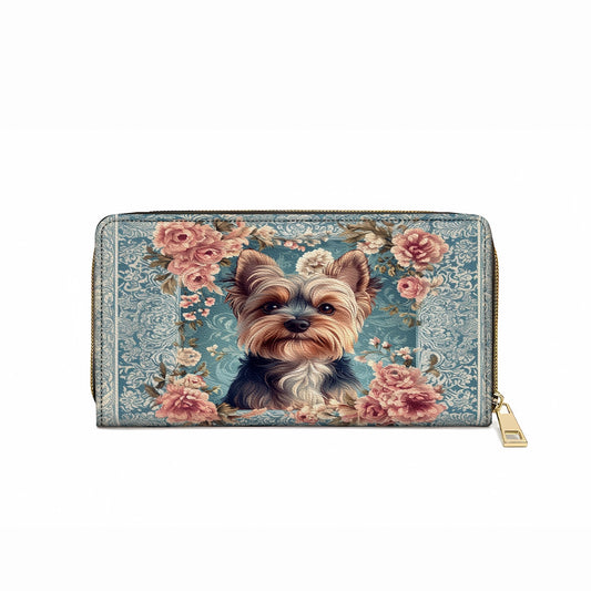 Shineful Leather Clutch Purse With Wristlet Strap Handle Yorkie Rose Bloom Elegance