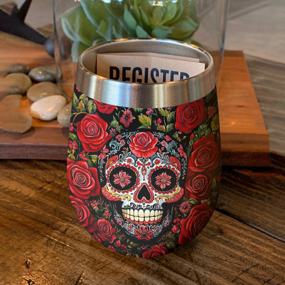 Shineful Wine Tumbler Roses & Sugar Skull Elegance