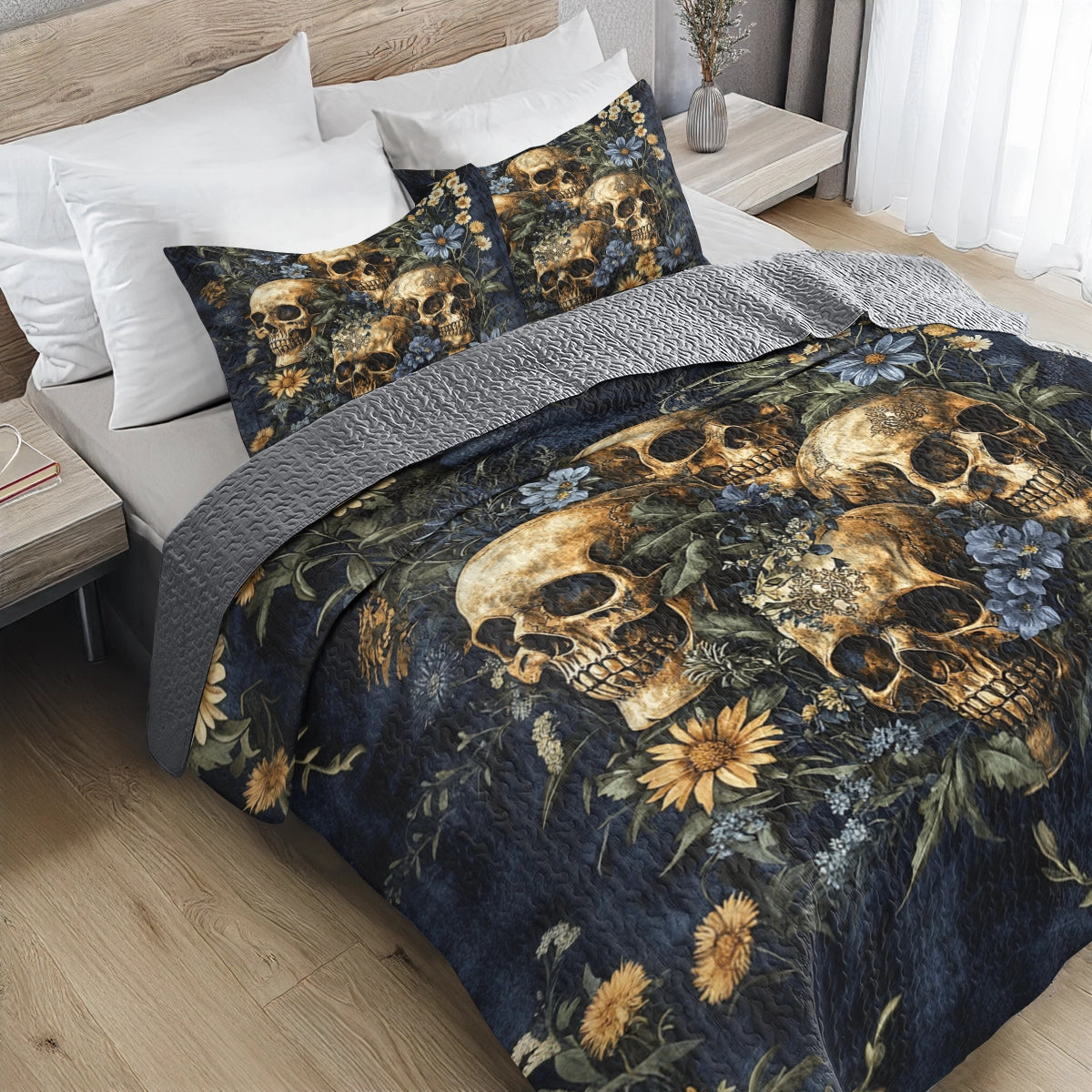 Shineful All Season Quilt 3-teiliges Set - Golden Bloom Skull