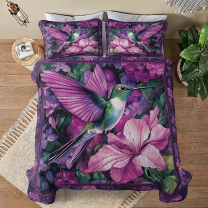 Shineful All Season Quilt 3-Piece Set Purple Hummingbird & Floral