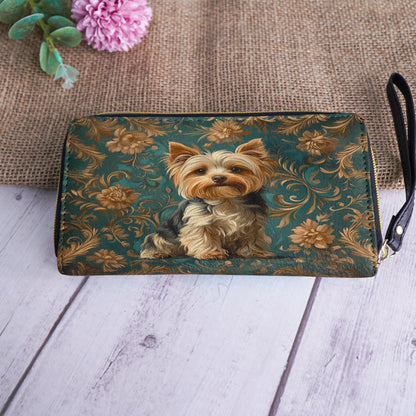 Shineful Leather Clutch Purse With Wristlet Strap Handle Regal Yorkie Elegance