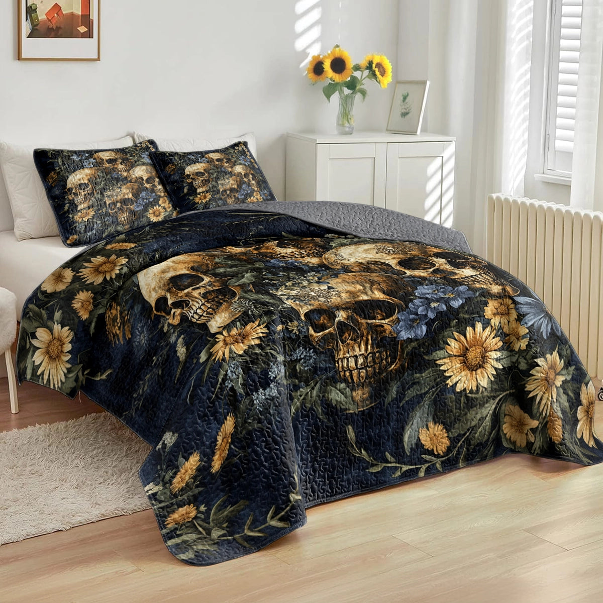 Shineful All Season Quilt 3-Piece Set - Golden Bloom Skull