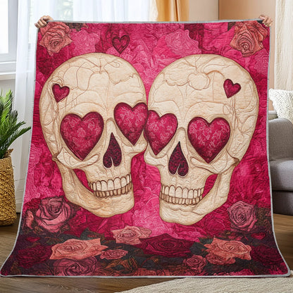 Shineful Flat Print Faux Quilt Blanket - Eternal Love Skulls Surrounded by Roses and Passion