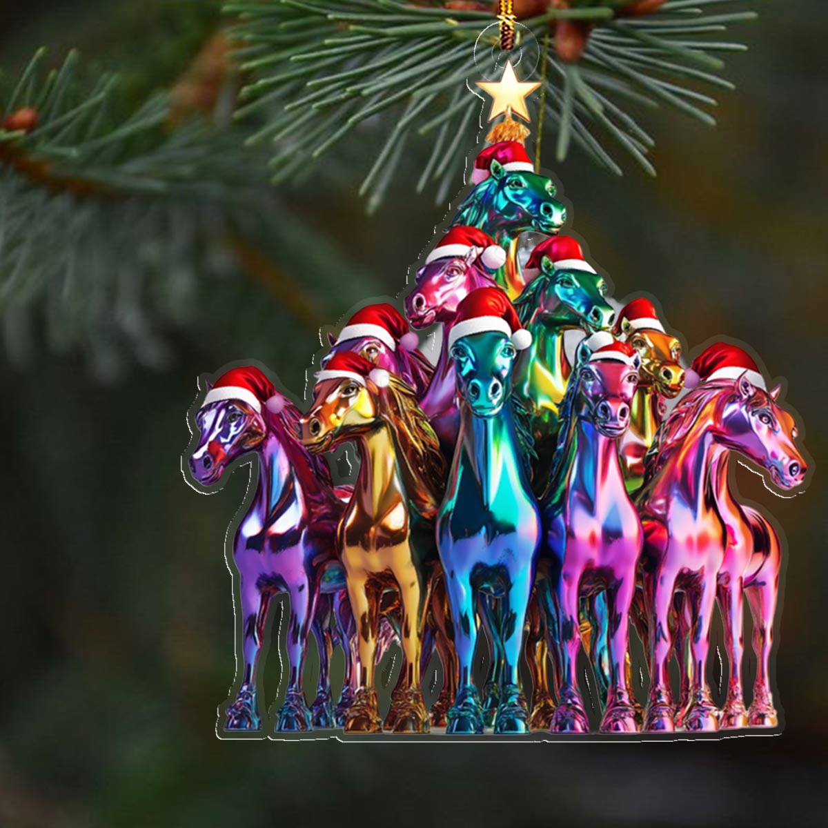 Ornement en acrylique 2D brillant Superbes chevaux pour sapin de Noël