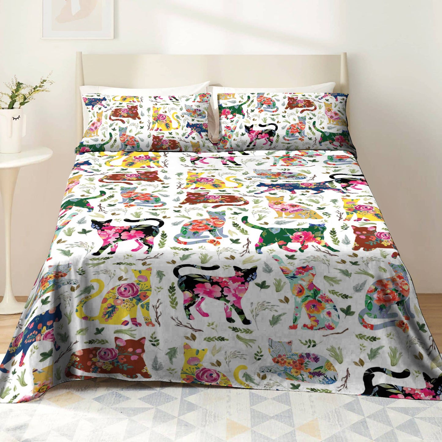 Shineful 4-Piece Bed Sheet Set Cat Flower