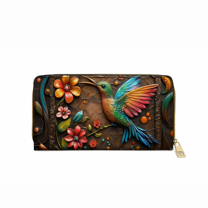 Pochette en cuir brillante avec dragonne et poignée motif colibri et fleur