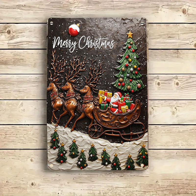 Shineful 2D Flat Print Metal Sign Cozy Santa Claus With Reindeer Pulling His Sleigh Full Of Gifts