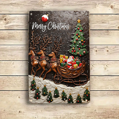 Shineful 2D Flat Print Metal Sign Cozy Santa Claus With Reindeer Pulling His Sleigh Full Of Gifts