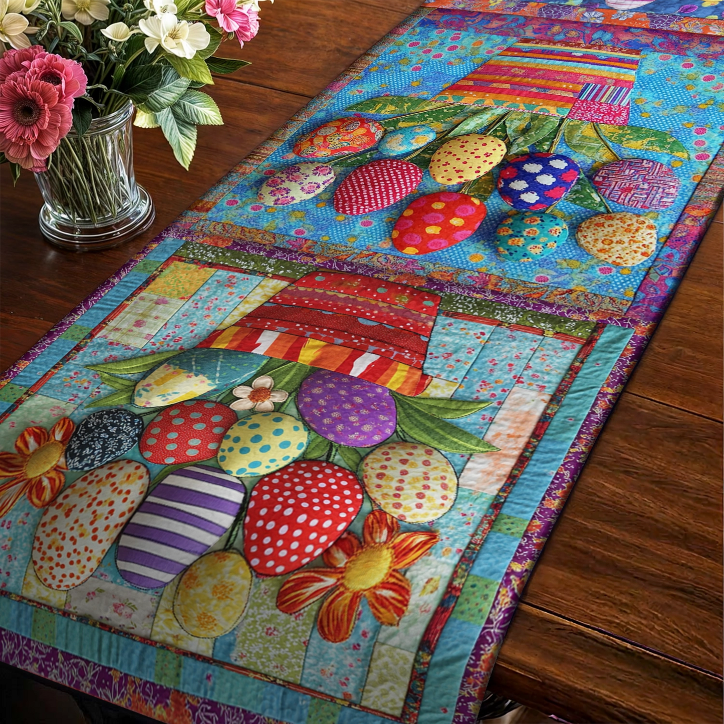 Shineful 2D Flat Print Quilted Table Runner Vibrant Easter Eggs Basket