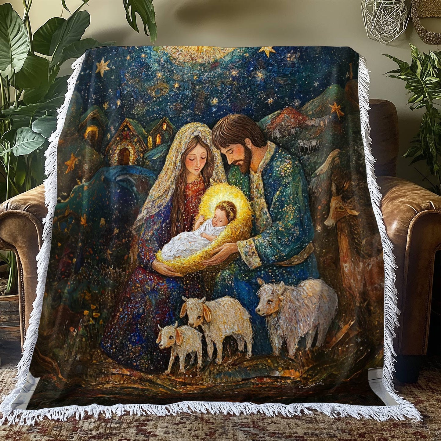 Shineful Woven Tapestry Throw Blanket Sacred Christmas Nativity