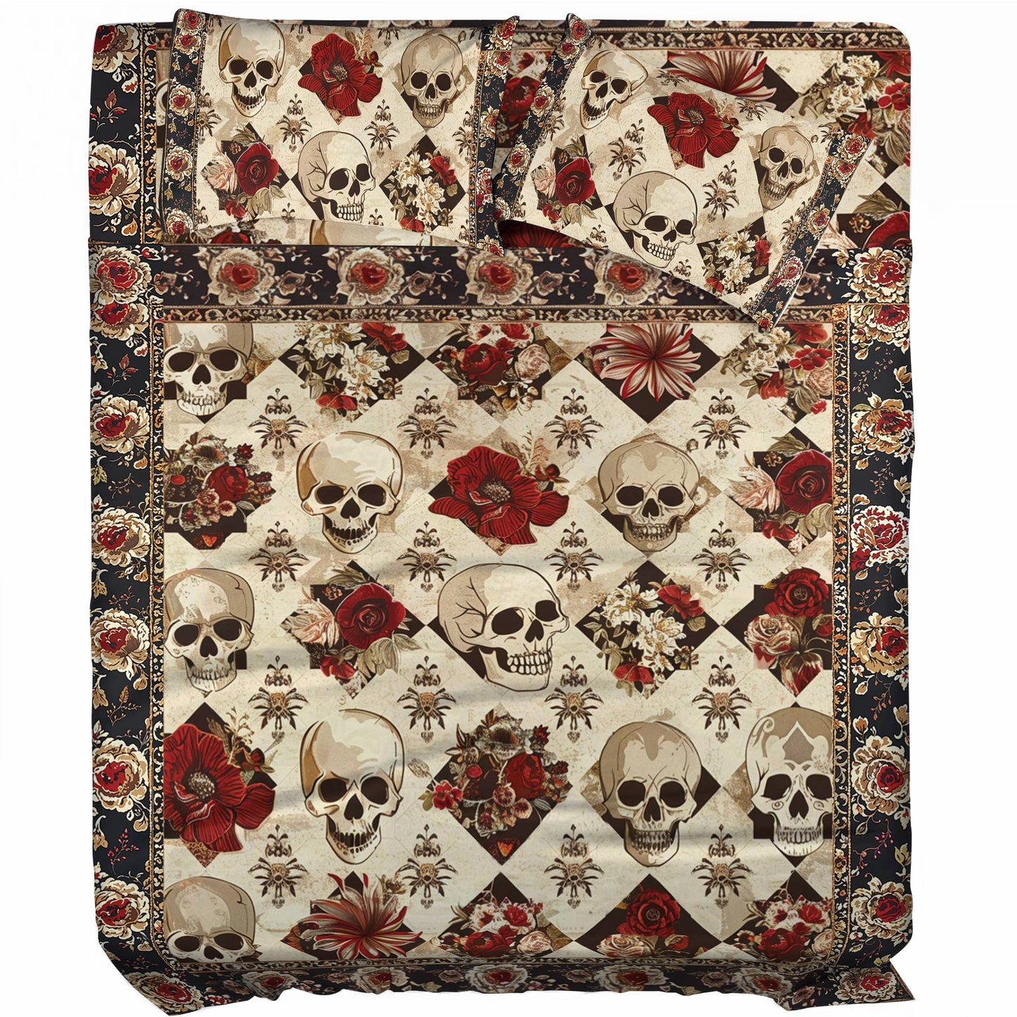 Shineful 4-Piece Bed Sheet Set Elegent Skull Roses