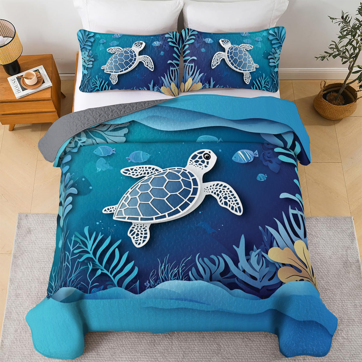 Shineful All Season Quilt 3-Piece Set Sea Turtle Under The Ocean