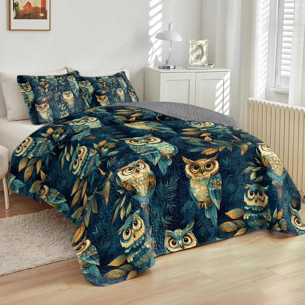 Shineful All Season Quilt 3-Piece Set - Nightfall Owl Symphony