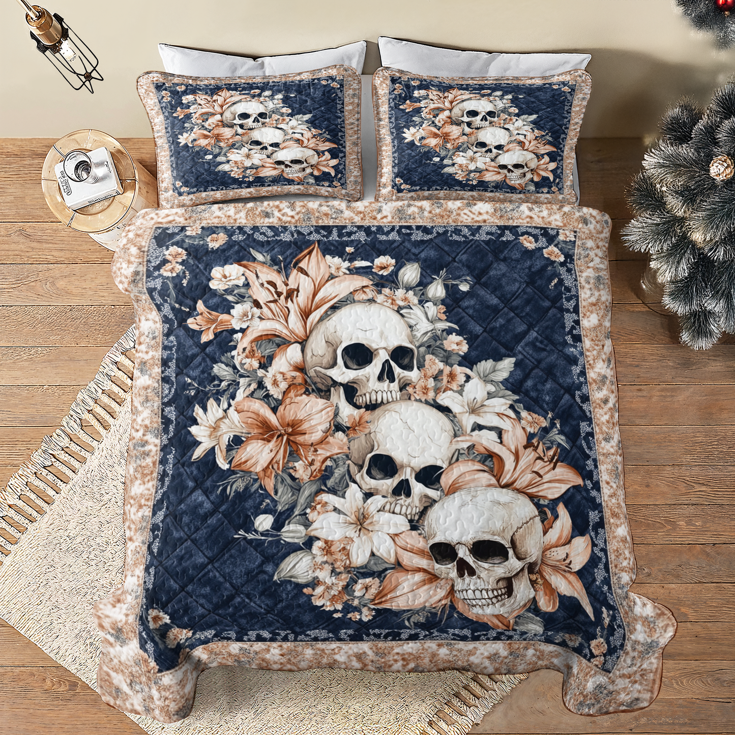 Shineful All Season Quilt 3-Piece Set Elegance Skull and Floral Garden