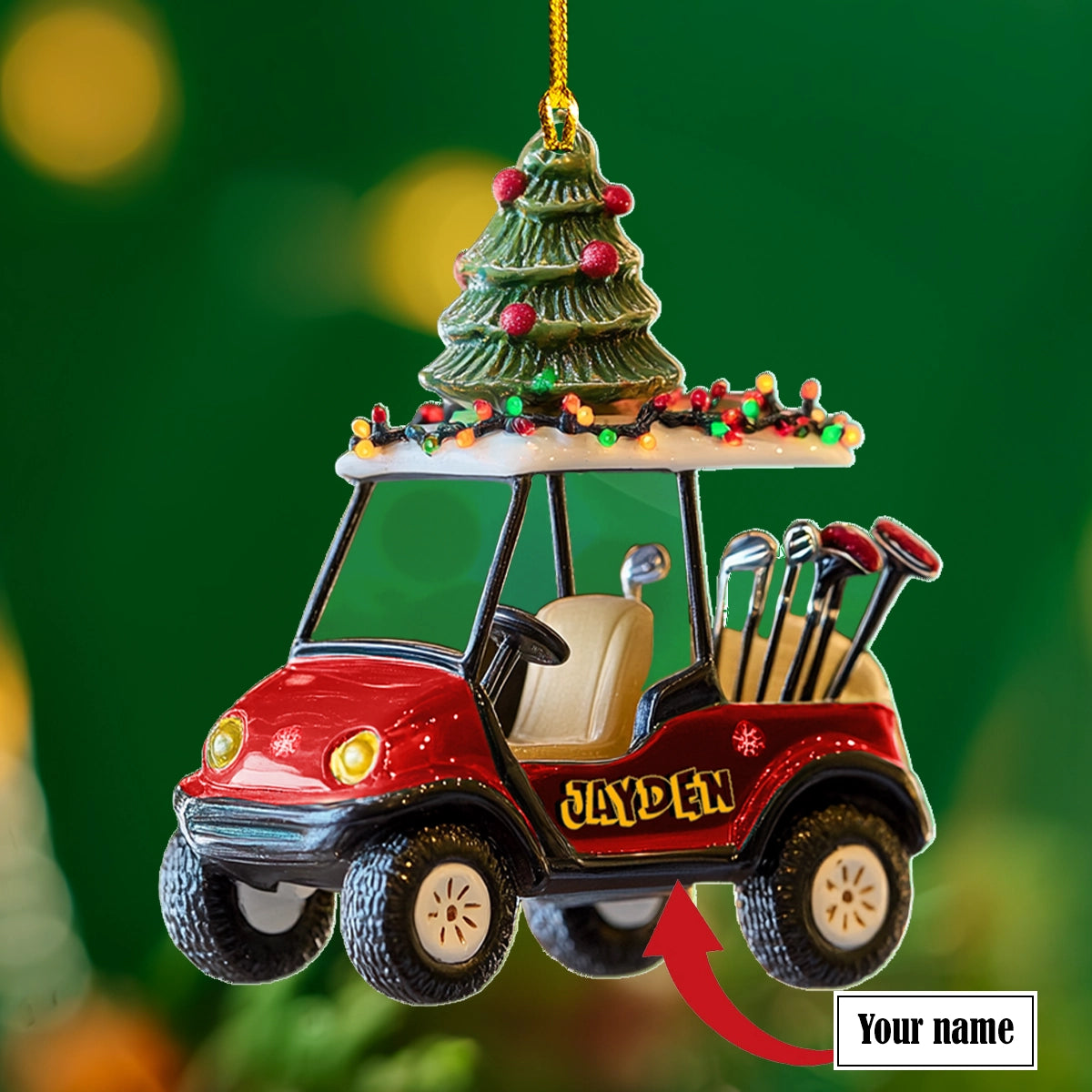 Glänzendes 2D Acryl Ornament - Personalisiertes rotes Golf Cart Weihnachten 