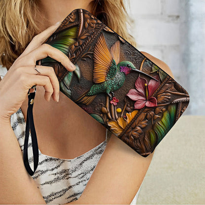 Shineful Leather Clutch Purse With Wristlet Strap Handle Embossed Hummingbird