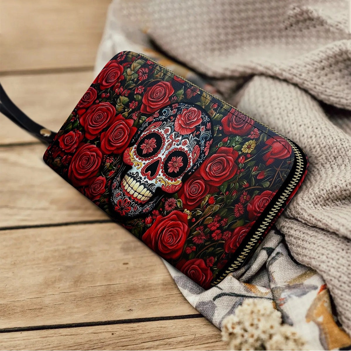 Shineful Leather Clutch Purse With Wristlet Strap Handle Roses & Sugar Skull Elegance