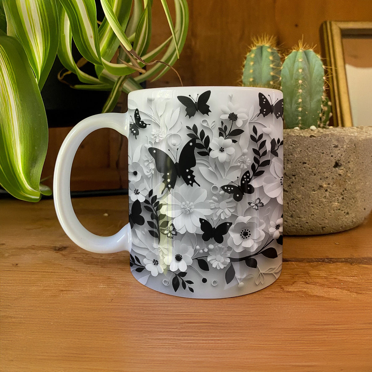 Shineful Ceramic Mug Monochrome Elegance: Floral Butterfly