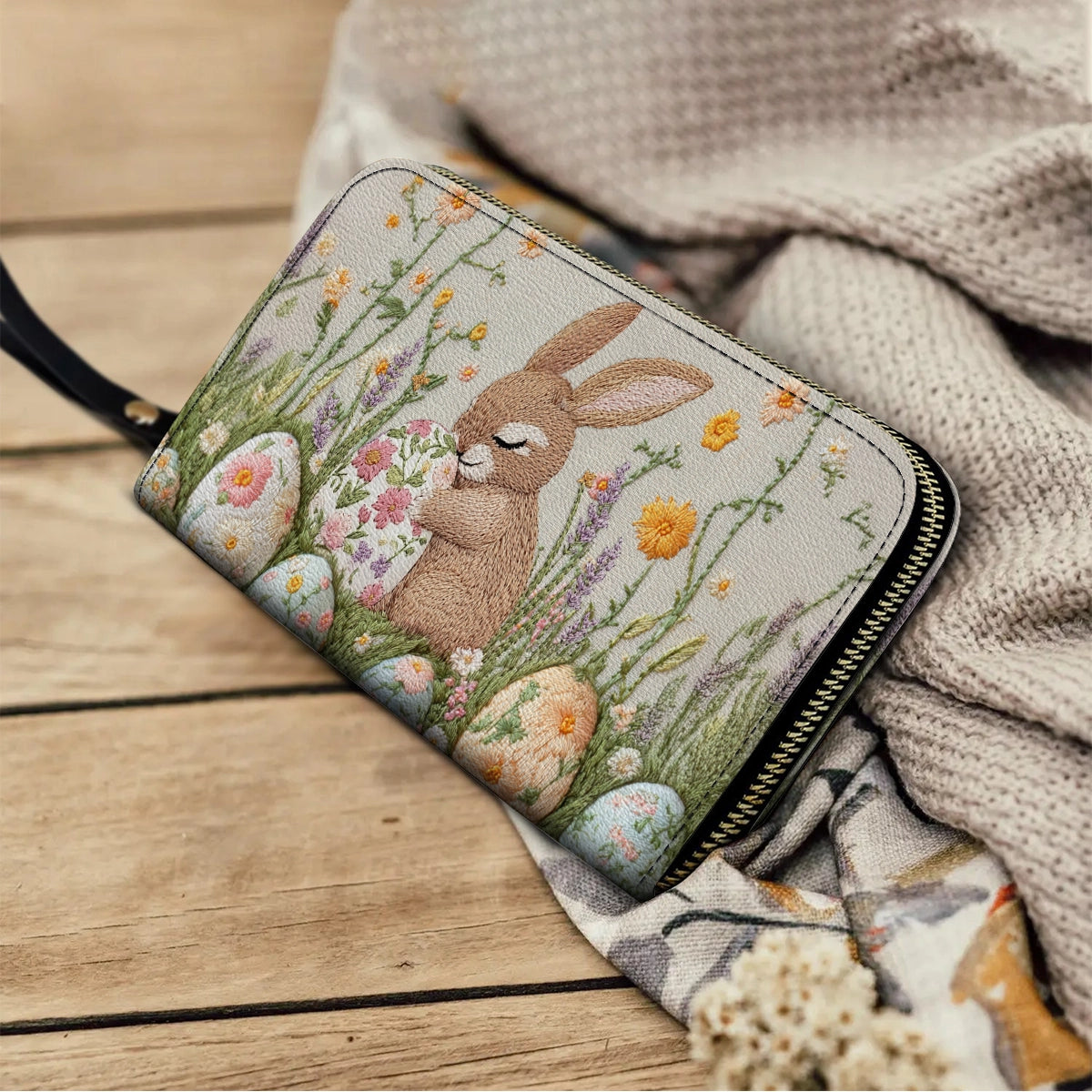 Shineful Leather Clutch Purse With Wristlet Strap Handle Hand-Embroidered Easter Bunny