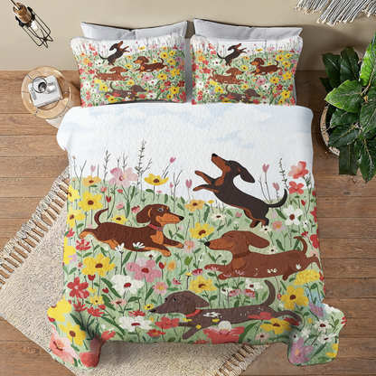 Shineful All Season Quilt 3-Piece Set Dachshund In Flower Garden