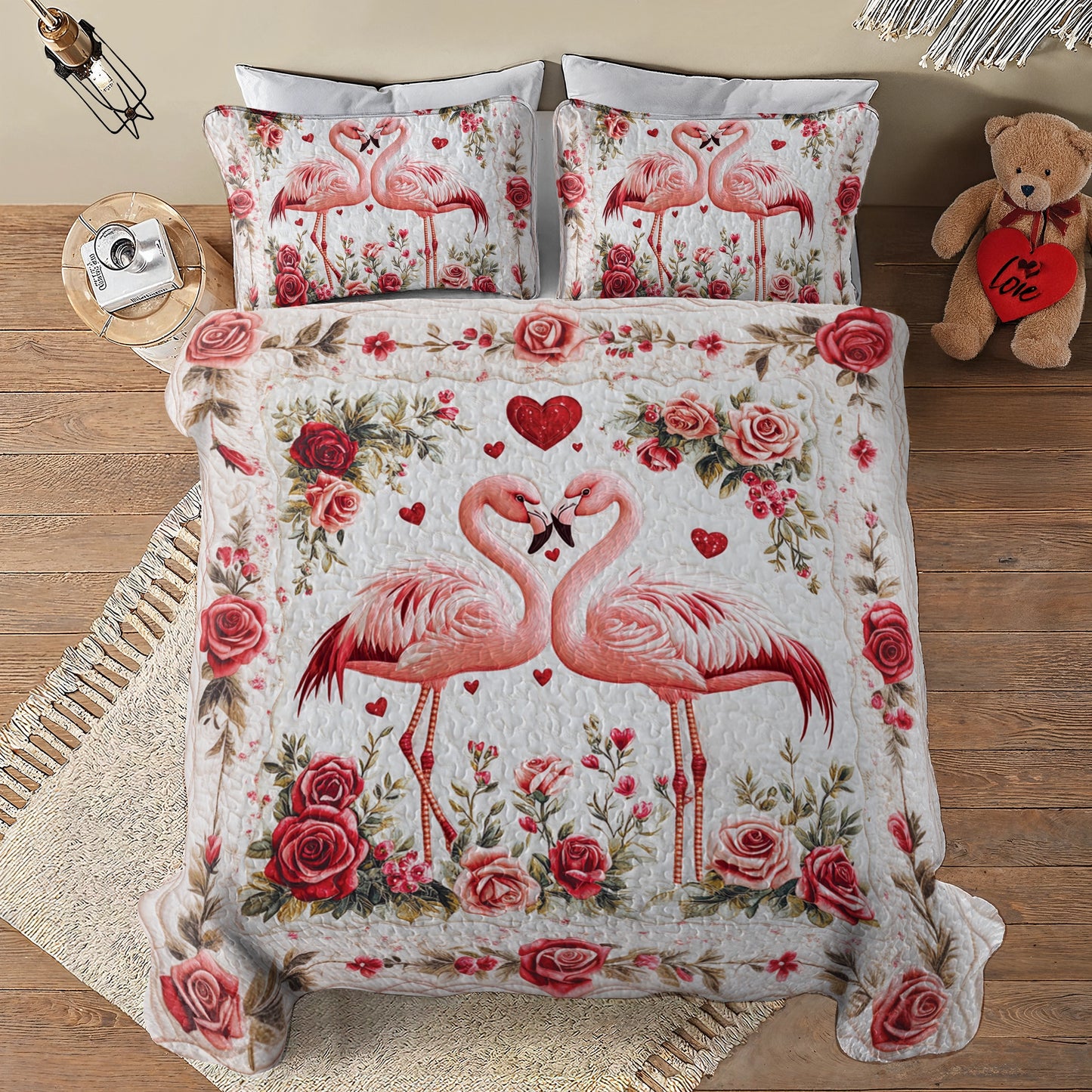 Shineful All Season Quilt 3-Piece Set Valentine Flamingo Romance