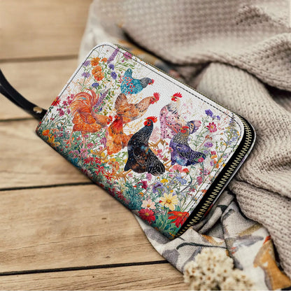 Shineful Leather Clutch Purse With Wristlet Strap Handle Chicken Rooster Garden Bliss