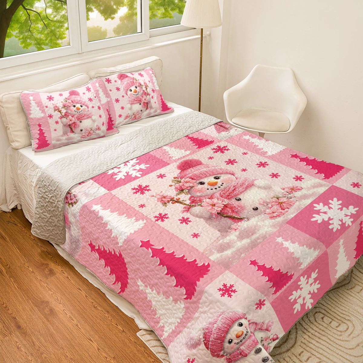 Shineful All Season Quilt 3-Piece Set - Christmas Pink Snowman