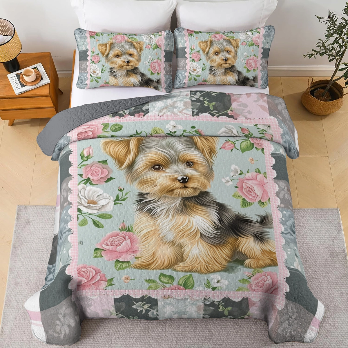 Ensemble de courtepointe toutes saisons Shineful 3 pièces Patchwork Rose Yorkie 