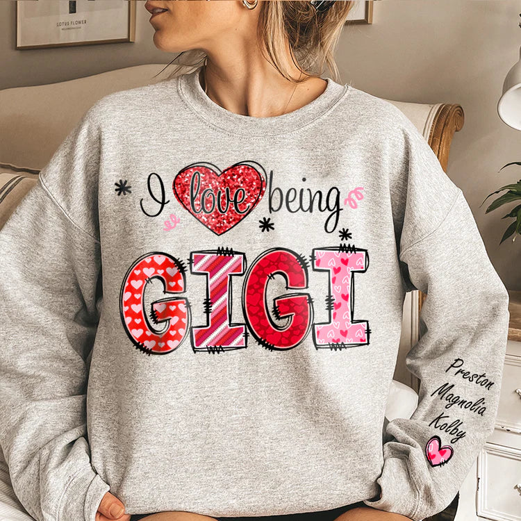 Shineful Fleece Crewneck Sweatshirt Personalized I Love Being Gigi Heart With Grandkids Names On Sleeve Sweatshirt