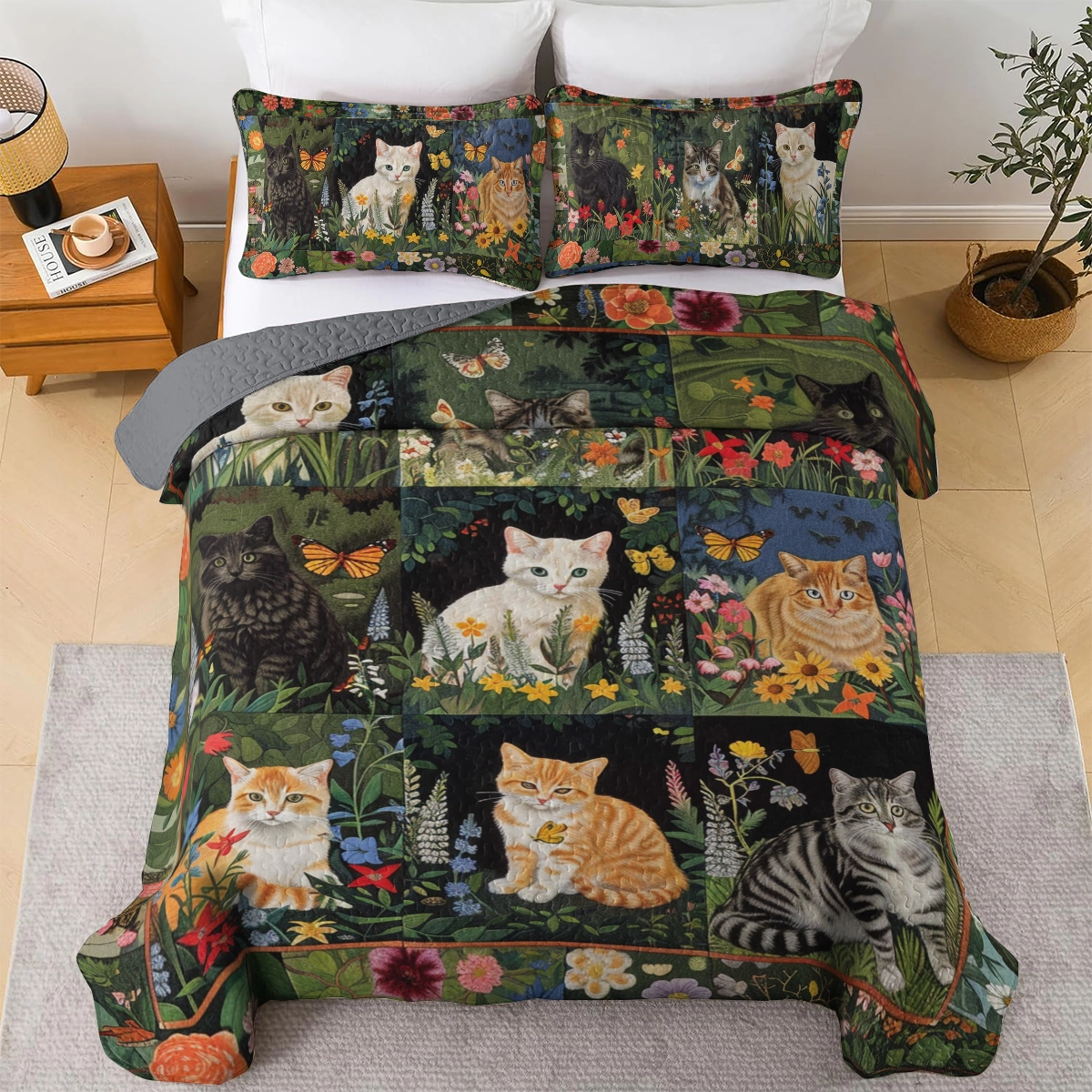 Shineful All Season Quilt 3-Piece Set Cat Garden Whiskers