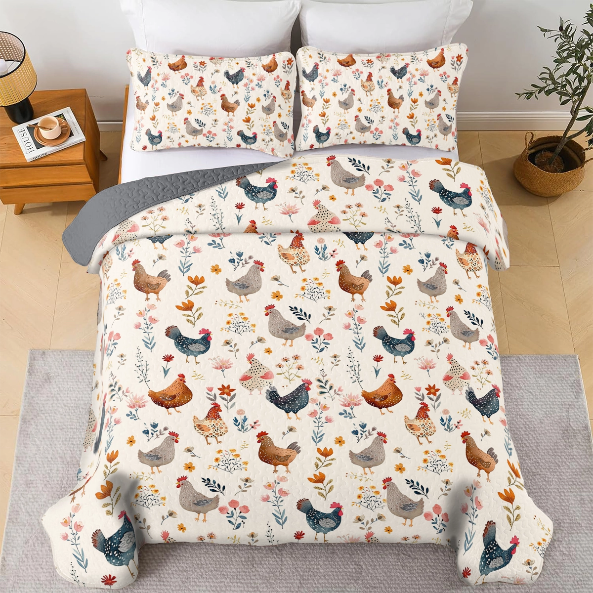 Shineful All Season Quilt 3-Piece Set Chicken Flower