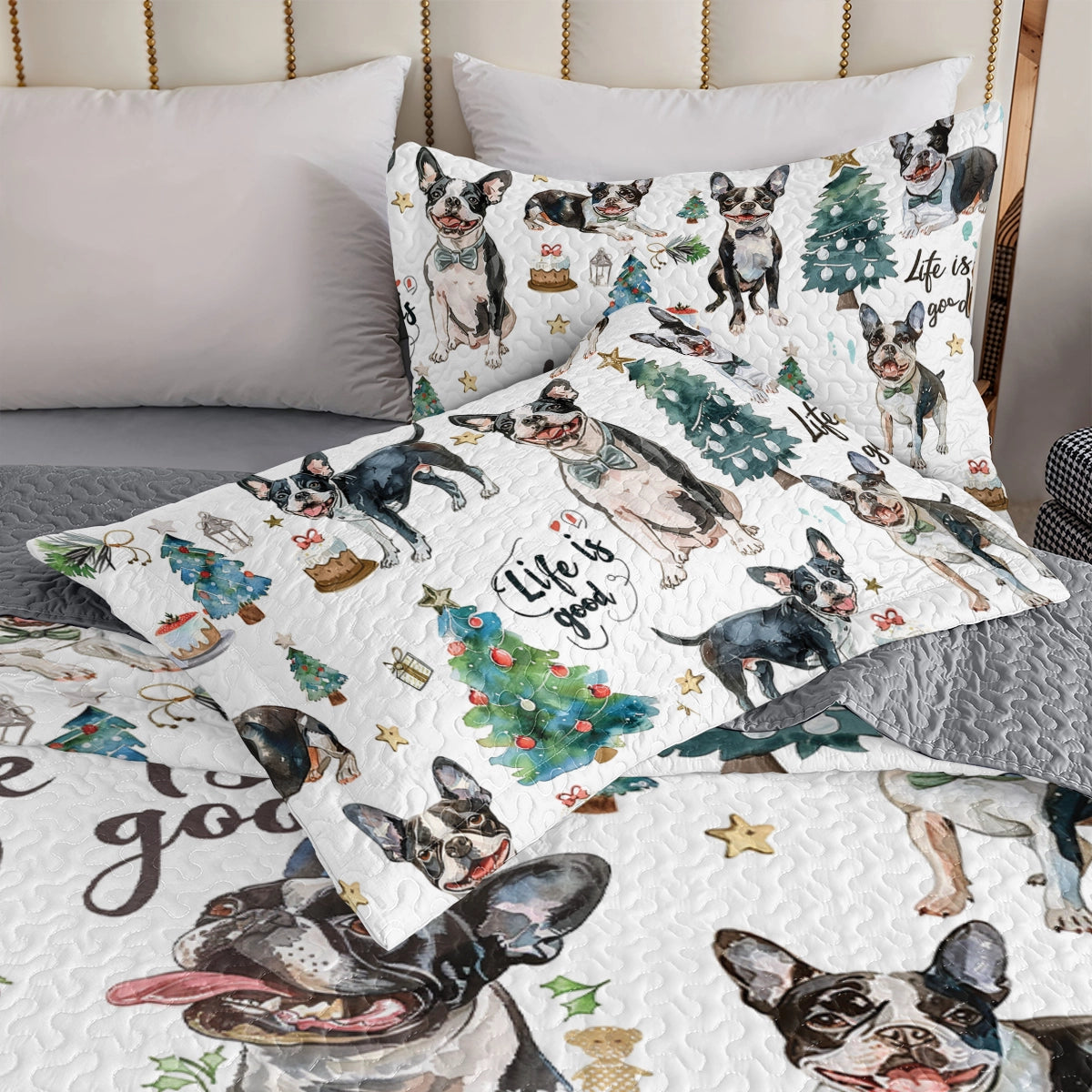 Shineful All Season Quilt 3-Piece Set Boston Terriers Holiday Hound