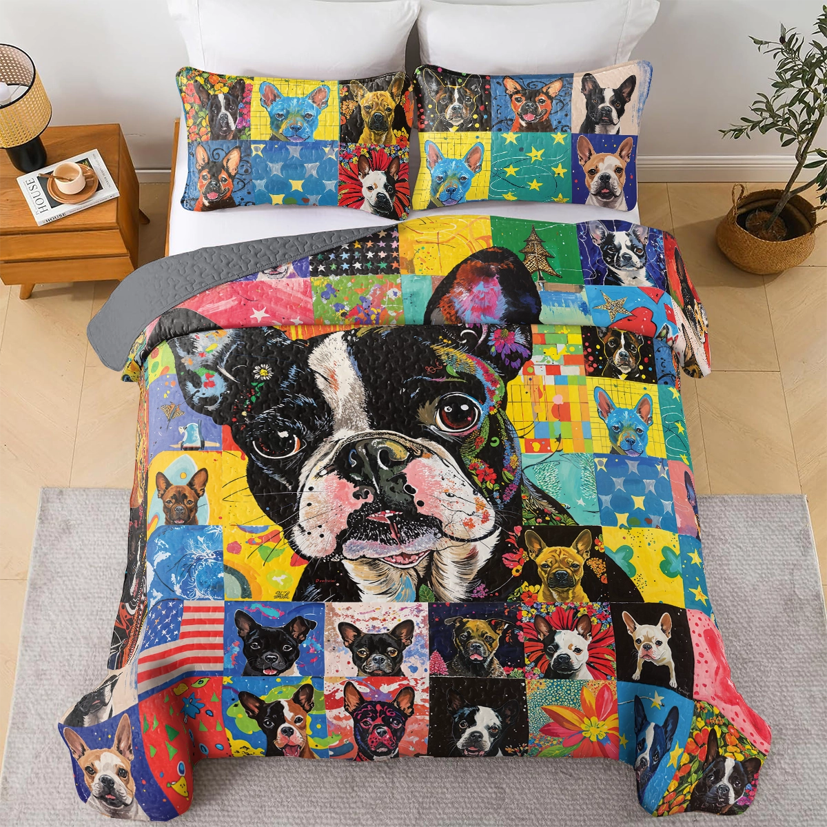 Shineful All Season Quilt 3-teiliges Set Boston Terrier Patchwork