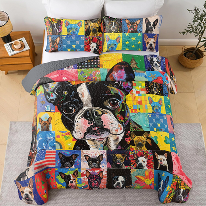 Shineful All Season Quilt 3-Piece Set Boston Terriers Patchwork