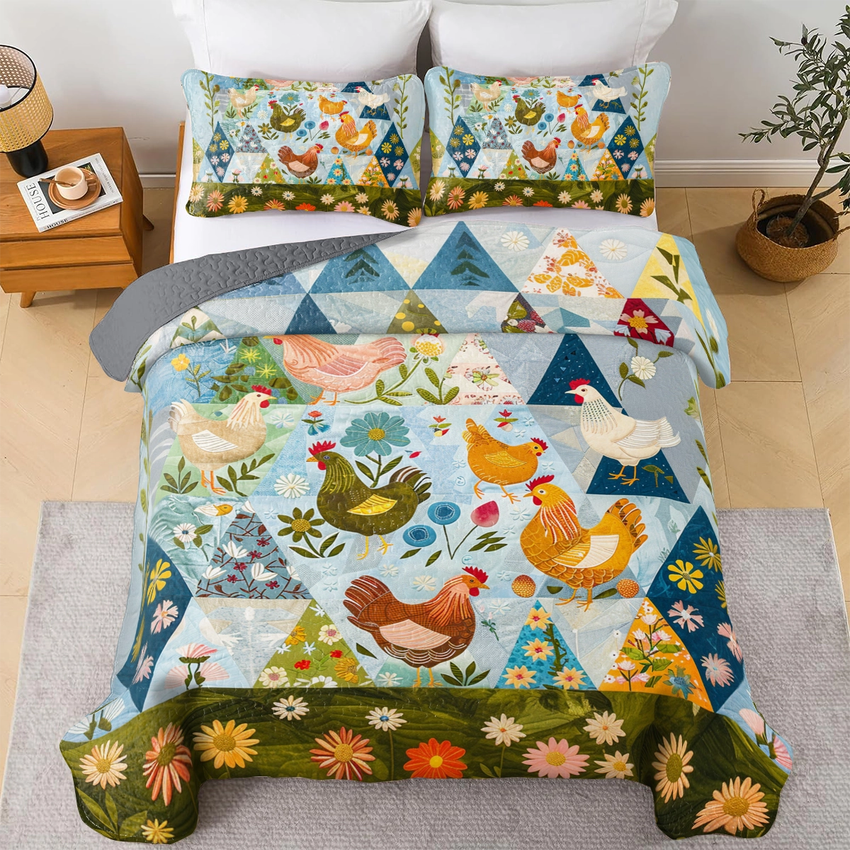 Shineful All Season Quilt 3-teiliges Set Country Garden Chicken