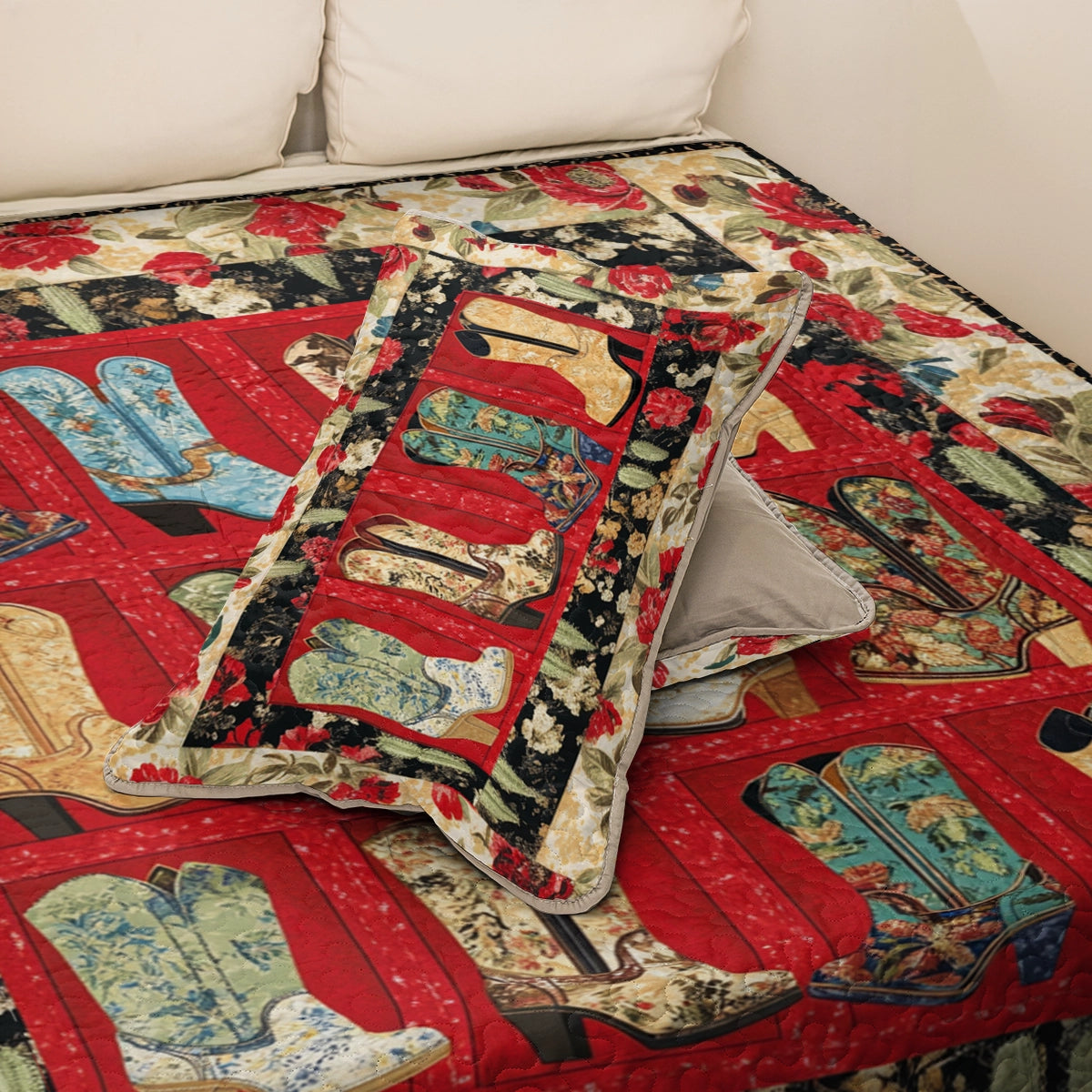 Shineful All Season Quilt 3-Piece Set Beautiful Cactus & Cowboy Boots