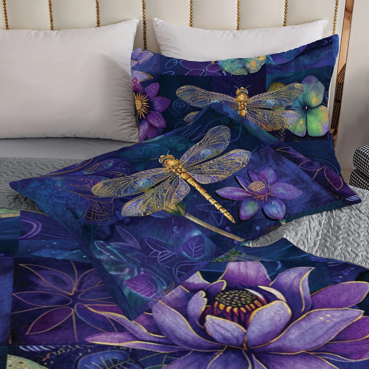 Shineful All Season Quilt 3-Piece Set Enchanted Dragonfly Lotus