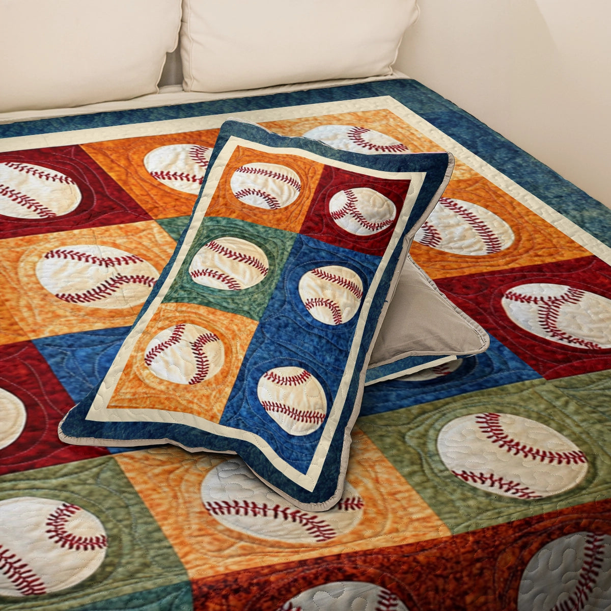 Shineful All Season Quilt 3-teiliges Set Baseball Vintage Ballpark Patchwork