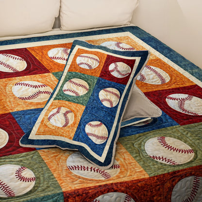 Shineful All Season Quilt 3-Piece Set Baseball Vintage Ballpark Patchwork