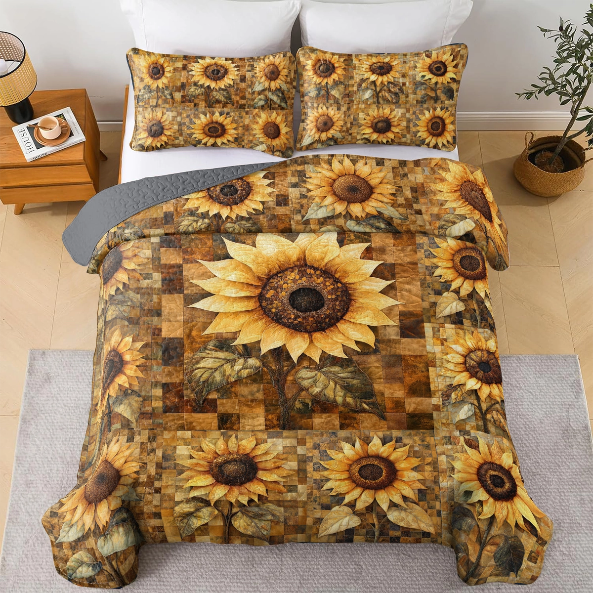 Shineful All Season Quilt 3-Piece Set Golden Rustic Sunflower