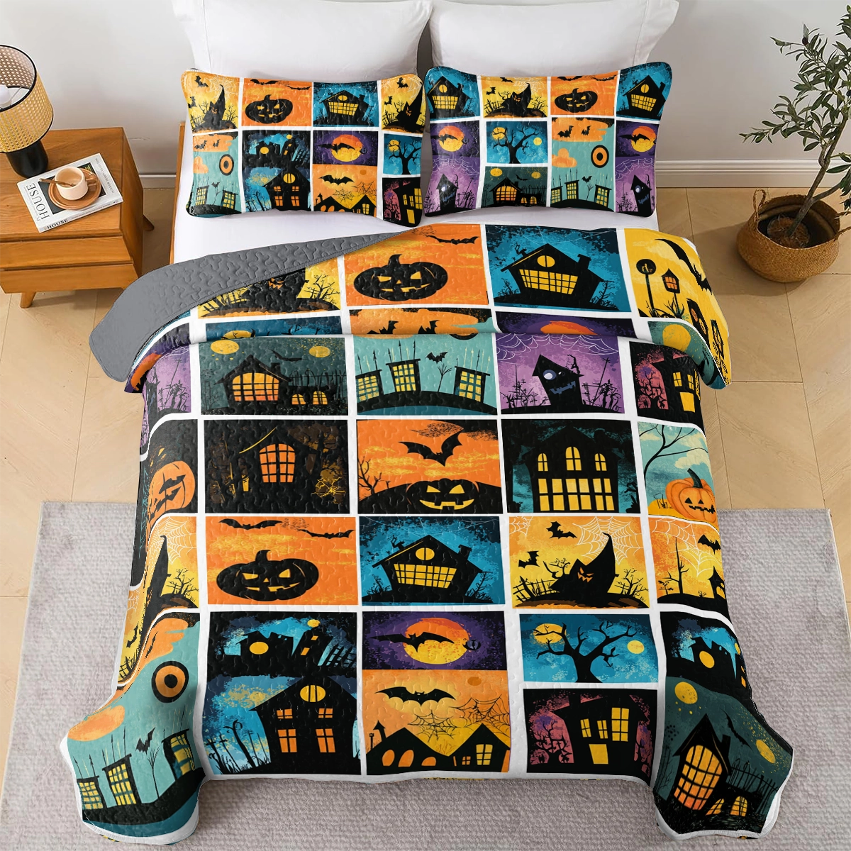 Shineful All Season Quilt 3-Piece Set Halloween Spooky Shadows